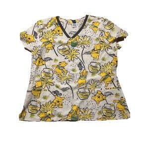 Disney Winnie the Pooh Scrub Top 2XL Rumbly Tumbly Floral V-Neck Pocket